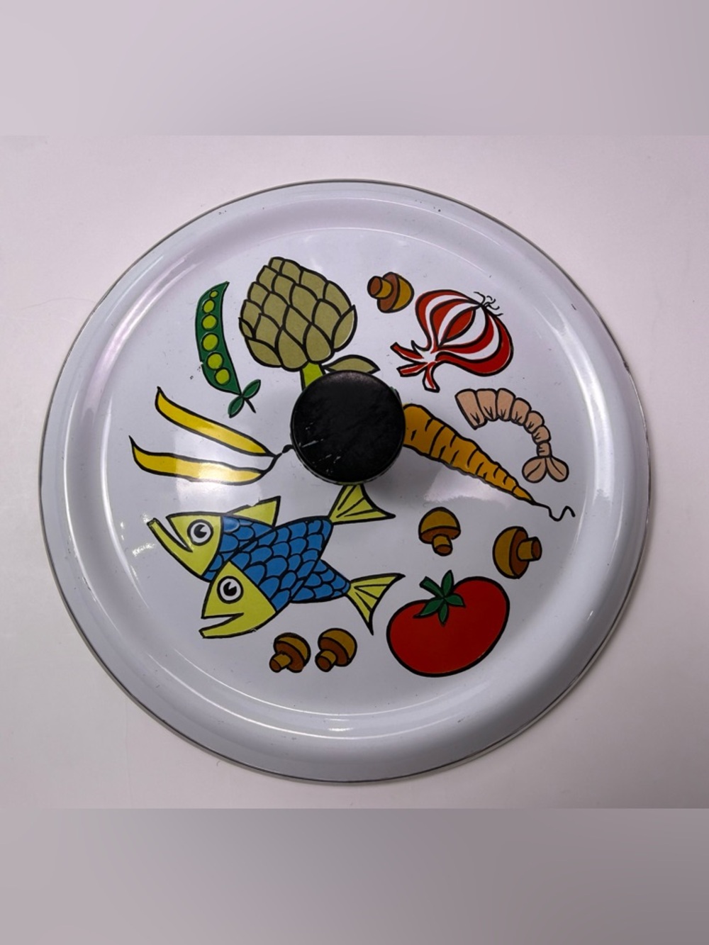 Vintage 70’s San Ignacio Enamel Fondue Pot Lid Seafood Vegetable Print No Stand - Picture 8 of 13